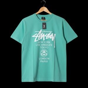 STUSSY Teal Green World Tour Cities Graphic Tee Size L NWT